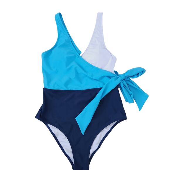 NEW Cupshe One Piece Swimsuit Blue White Colorblock Medium Bathing Suit - Picture 1 of 5